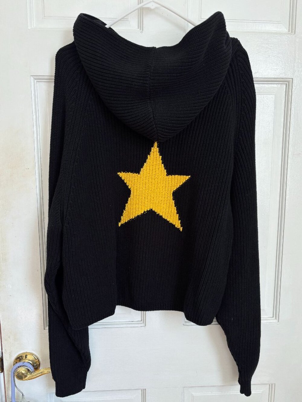 Vwoollo Star Knit Hoodie Black and Yellow Star Cotton Thick Cozy Hood Pullover M